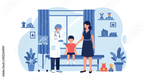Adobe illustrator vector flat style illustration of a doctor giving a vaccination to a young kid with his mother present, emphasizing child immunization and preventative healthcare