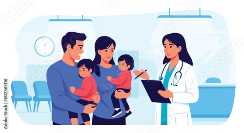 Adobe illustrator vector flat style illustration of a family with two children visiting a female pediatrician, emphasizing kids' health check-up and family well-being