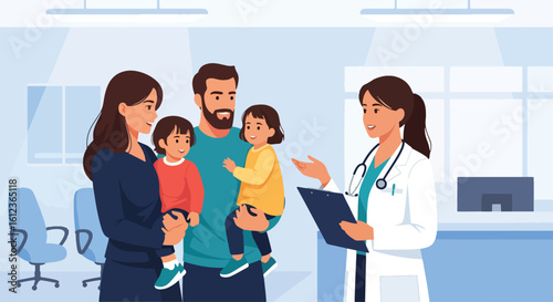 Adobe illustrator vector flat style illustration of a family with two children visiting a female pediatrician, emphasizing kids' health check-up and family well-being