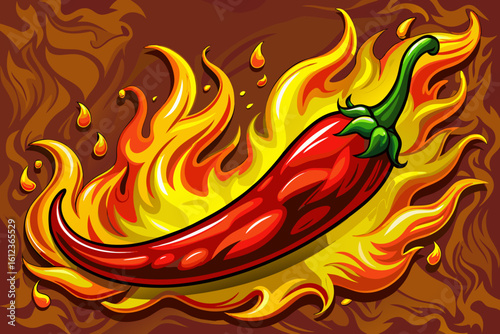 Spicy red chili pepper cartoon vector with blazing fire. Perfect for hot food labels, spicy product branding, restaurant graphics, and culinary-themed digital artwork