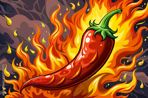 Spicy red chili pepper cartoon vector with blazing fire. Perfect for hot food labels, spicy product branding, restaurant graphics, and culinary-themed digital artwork