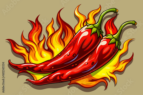 Spicy red chili pepper cartoon vector with blazing fire. Perfect for hot food labels, spicy product branding, restaurant graphics, and culinary-themed digital artwork