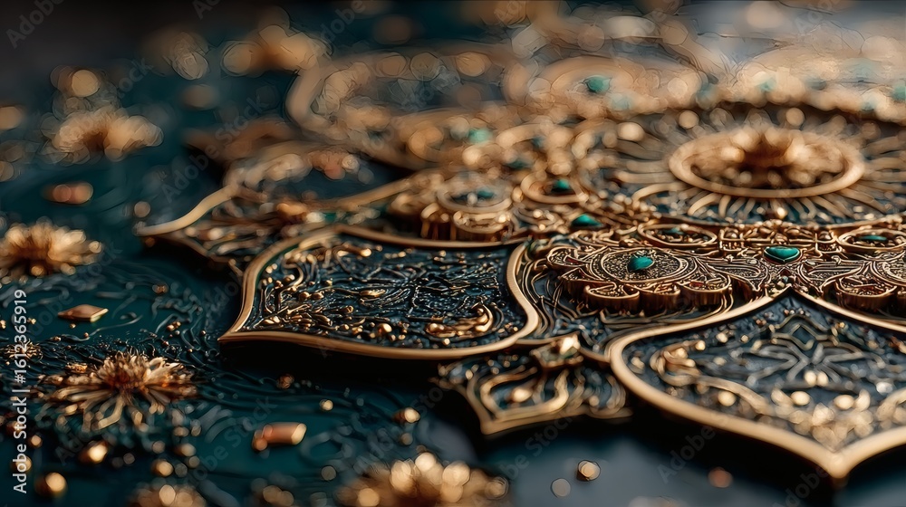 Obraz premium Intricate Gold and Turquoise Jewelry with Ornate Design on Dark Surface