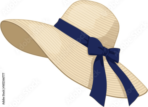 Classic straw hat with navy blue ribbon bow in cream beige color. Elegant summer hat illustration perfect for vacation, beach, fashion designs and vintage style graphics on white background. PNG