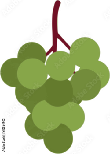 Minimal illustration of colorful grape bunch with burgundy stem on white background featuring various shades of green in a clean, modern style perfect for wine labels, food graphics, healthy lifestyle