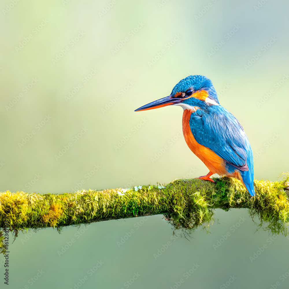 Fototapeta premium Photorealistic Kingfisher Bird on Mossy Branch in Natural Habitat with Vibrant Blue and Orange Feathers, Blurred Background