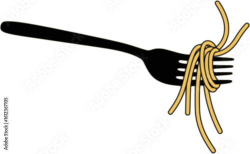 Illustration of spaghetti pasta twirled around a fork on white background. Simple flat design food graphic, perfect for Italian cuisine concepts, menu designs, and cooking blogs. Clean vector style