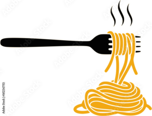 Illustration of spaghetti pasta twirled around a fork on white background. Simple flat design food graphic, perfect for Italian cuisine concepts, menu designs, and cooking blogs. Clean vector style