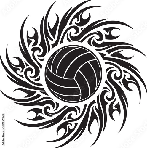 Tribal style volley ball design with swirling flames and energy burst isolated on transparent background