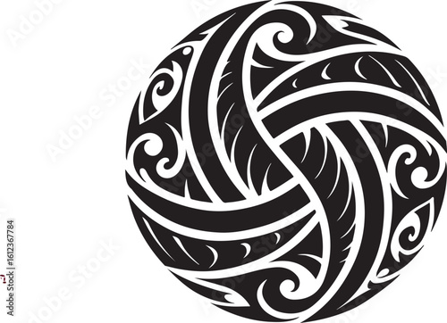 Intricate black maori tribal tattoo design in a circular pattern with swirling lines and curves isolated on transparent background