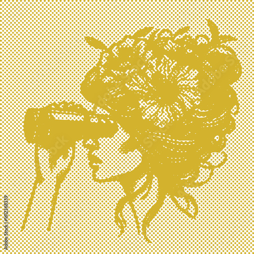  Golden woman with floral hair using binoculars vector, dot halftone stamp, canvas decor art