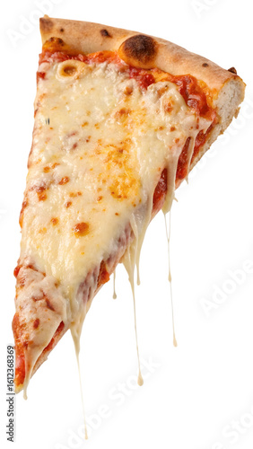 Mouthwatering slice of pizza with gooey, stringy cheese dripping down invitingly