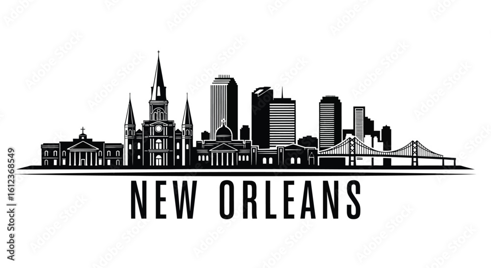 Naklejka premium New Orleans City Skyline Black and White Illustration