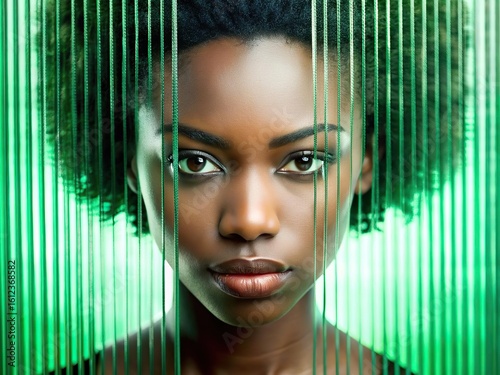 Model hidden behind mirror pattern. Reeded Glass. Ribbed Background. Beautiful girl. Glitched and corrupted female face. Digital woman face for AI technology concept. Green