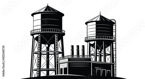 Industrial Water Towers and Factory Silhouette Illustration