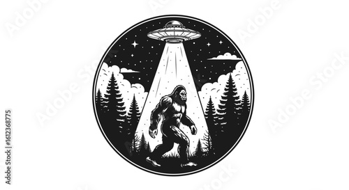 Bigfoot Encountering UFO Black and White Illustration