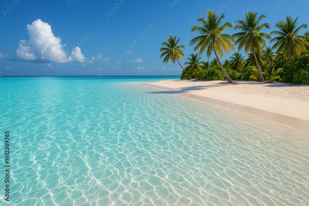 Fototapeta premium Crystal clear shallow lagoon with azure water and white sand for tropical product display