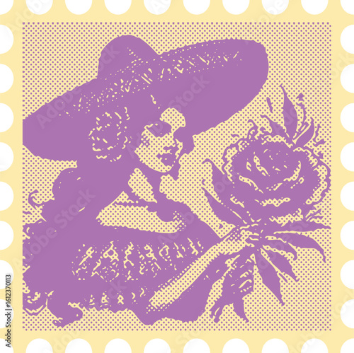  Elegant Latina Woman in Traditional Dress with Flower and Sombrero, Purple Halftone Vector Art