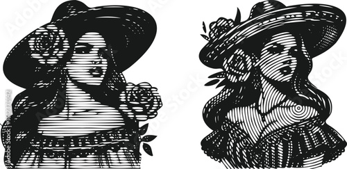  Monochrome engraving of elegant Latina woman in traditional dress with sombrero and floral accent
