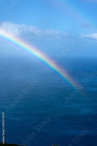 Double rainbow over the Atlantic Ocean at São Miguel Island, Azores, showcasing vibrant colors and dramatic skies above the serene ocean landscape.