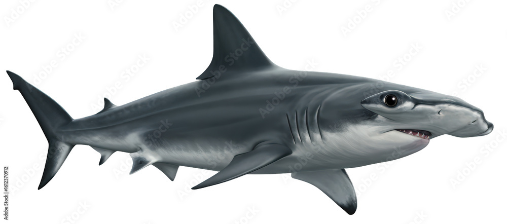 Obraz premium A transparent PNG of a hammerhead shark (Sphyrna zygaena) swimming with its mouth closed