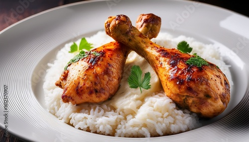 two grilled chicken drumsticks with a creamy spiced sauce topped with a garnish and served over fluffy rice restaurant style presentation