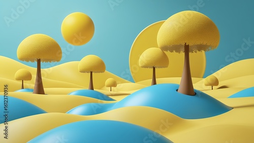 Playful Yellow and Teal Landscape with Cartoon Trees
