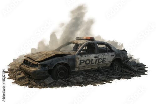Wrecked police car surrounded by rubble and smoke with transparent background