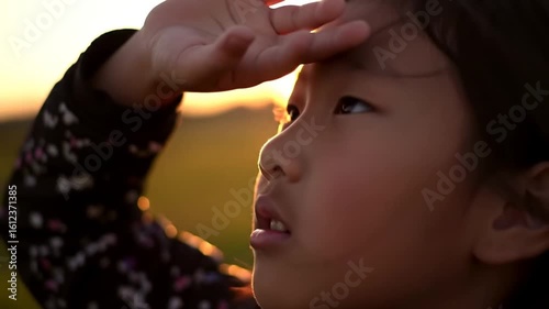 A curious young girl shades her eyes while gazing thoughtfully into the golden sunset.