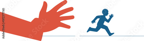 Person fleeing from giant red hand symbolizing escape, danger, or pursuit in a conceptual illustration