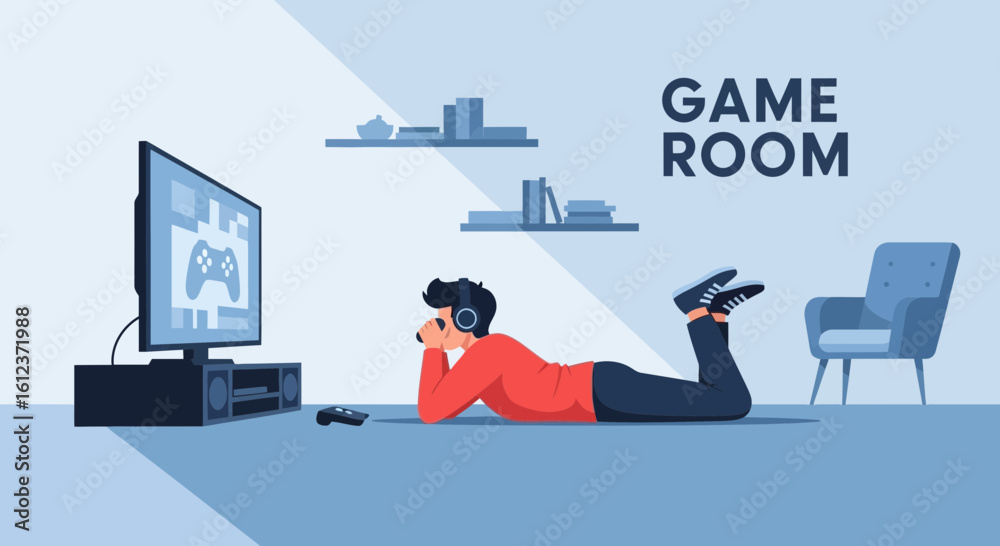 Fototapeta premium Illustration of a boy playing video games in a comfortable game room setting enjoying virtual entertainment while relaxing