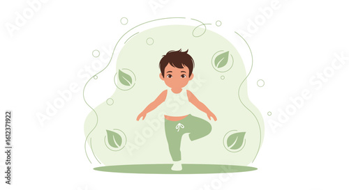 Illustration of a boy doing the tree pose in yoga with leafy background decor