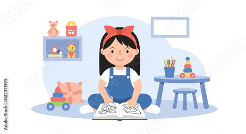 Illustration of a young girl enjoying coloring in her room surrounded by toys
