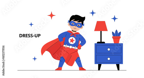 Illustration of a boy dressed as a superhero standing in a bedroom with nightstand