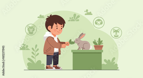 Illustration of a Boy Feeding a Rabbit, Depicting Kindness and Animal Care in a Whimsical Style