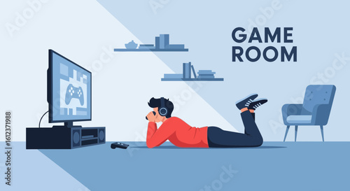 Illustration of a boy playing video games in a comfortable game room setting enjoying virtual entertainment while relaxing