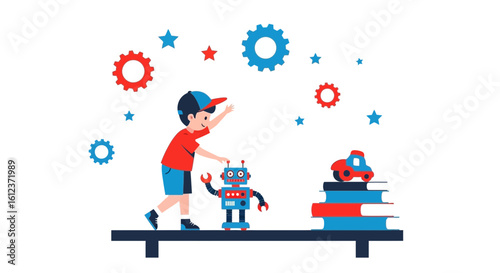 Illustration of a Boy Playing with a Robot and Toys, Surrounded by Stars and Gears