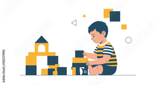 Illustration of a boy playing with building blocks symbolizing childhood development and learning through creative play