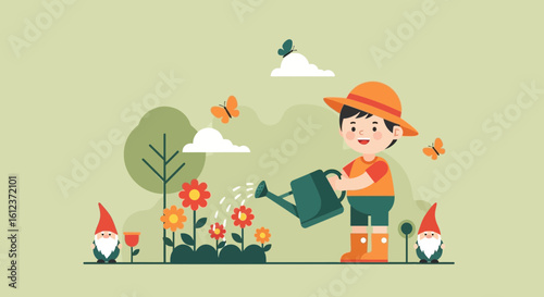 Illustration of a boy watering flowers in the garden with gnomes and butterflies in the background providing a cheerful and charming scene