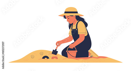 Illustration of a young girl playing in the sand with a shovel and bucket on the beach