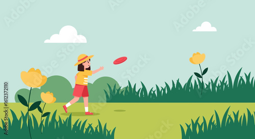 Illustration of a young girl playing frisbee in a sunny meadow surrounded by wildflowers, enjoying outdoor recreation and leisure