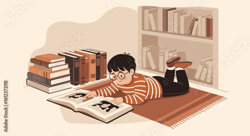 Illustration of a boy with glasses reading a book lying on a rug surrounded by books in a room