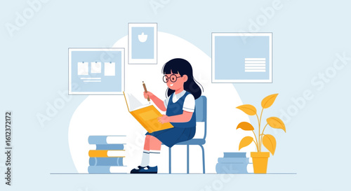 Illustration of a young girl studying with books and a pencil at home indoors