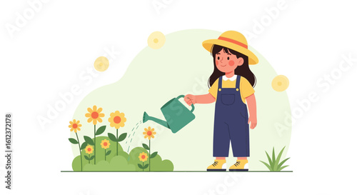 Illustration of a young girl watering flowers in a garden with a watering can illustration depicts a child and the beauty of nature