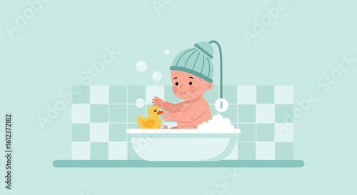 Illustration of a cheerful baby taking a bath with a rubber ducky toy in the bathtub