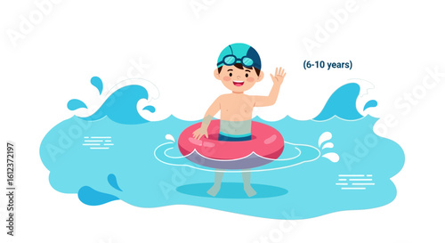 Illustration of a cheerful boy aged 6 to 10 enjoying a swim in a pool with a float