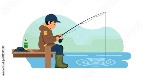 Illustration of a young man fishing from a dock on a peaceful lake  enjoying the day