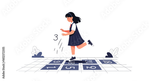 Joyful Girl Playing Hopscotch Childhood Game Vector Illustration