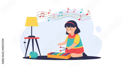 Illustration of a cheerful little girl playing a colorful xylophone with musical notes