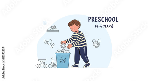 Illustration of a cheerful young boy tidying up toys, promoting early childhood education